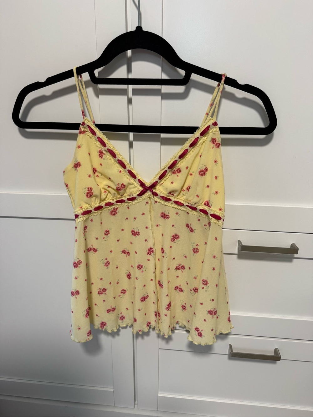 Garage Yellow Floral Spaghetti Strap Tank with Pink Trim